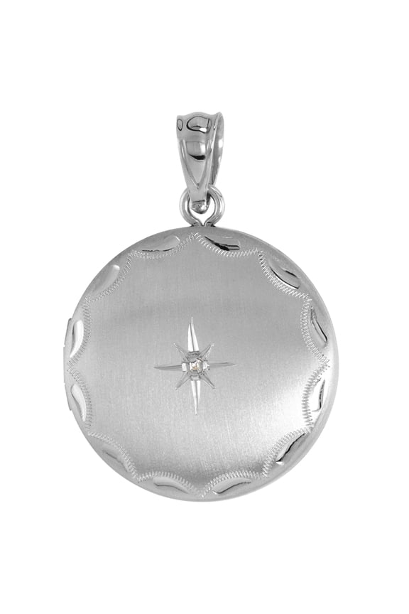 3/4 inch Round Sterling Silver Diamond Locket Pendant for Women Starburst Set Engraved Rim, NO Chain