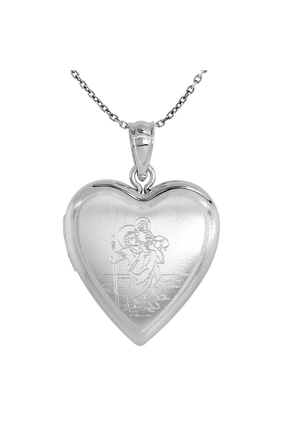 3/4 inch Sterling Silver St Christopher Locket Necklace for Women Heart Shape 16 inch RL_30H