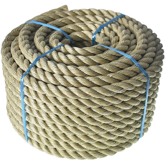 3/4 inch Twisted ProManila Rope Cordage, 100 feet UnManila 3 Strand Synthetic Polypropylene Rope Tan Thick Polypropylene Rope for Indoor Outdoor Use, Tug of War, Marine