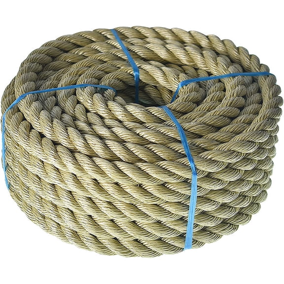 3/4 inch Twisted ProManila Rope Cordage, 50 feet UnManila 3 Strand Synthetic Polypropylene Rope Tan Thick Polypropylene Cord for Indoor Outdoor Use, Tug of War, Marine