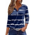 thumbnail image 1 of 3/4 length sleeve Womens tops 2026 Summer Spring Striped T Shirts Button Down Henley Neck Casual Print Tunic Three Quarter Length Womens Tops, 1 of 5