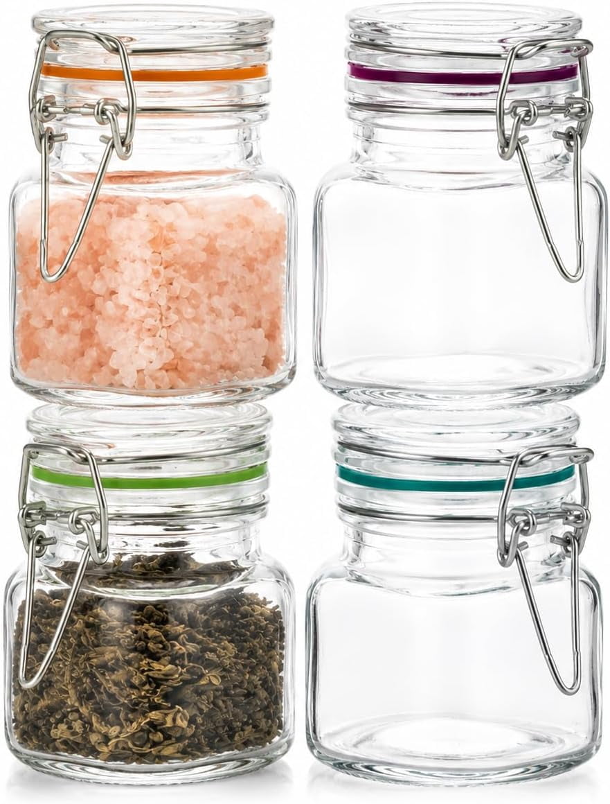 3.4 oz Glass Spice Jars with Airtight Clamp Lids, Set of 4 Small ...