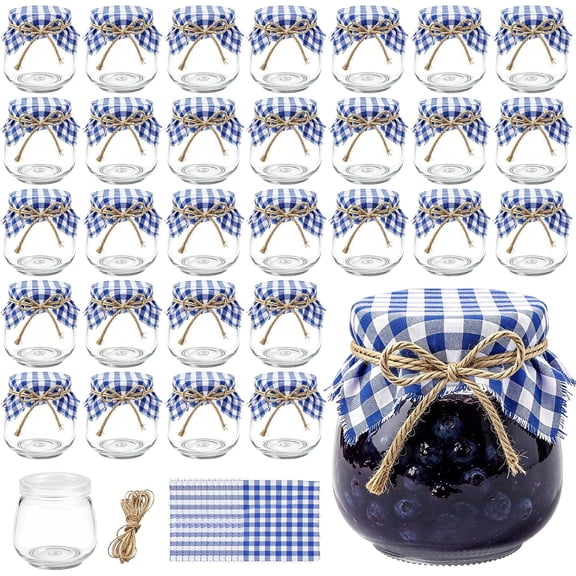 3.4 oz Small Glass Jars with Lids 30PCS, Mini Yogurt Jars for Jam | Yogurt Containers with Lids, Favor Jars, Mini Mason Jars, Blue Gingham Cloth and Rope, Honey Pot, Jam Jars, Wedding Favors