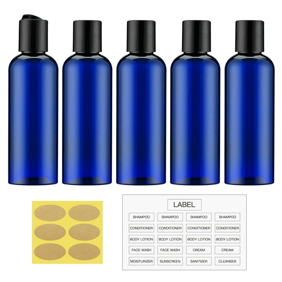 3.4 oz Travel Bottles for Toiletries, Empty Travel Size Containers Tsa Approved, 5PCS Small Plastic Shampoo Bottles with Labels (100ml, Blue)