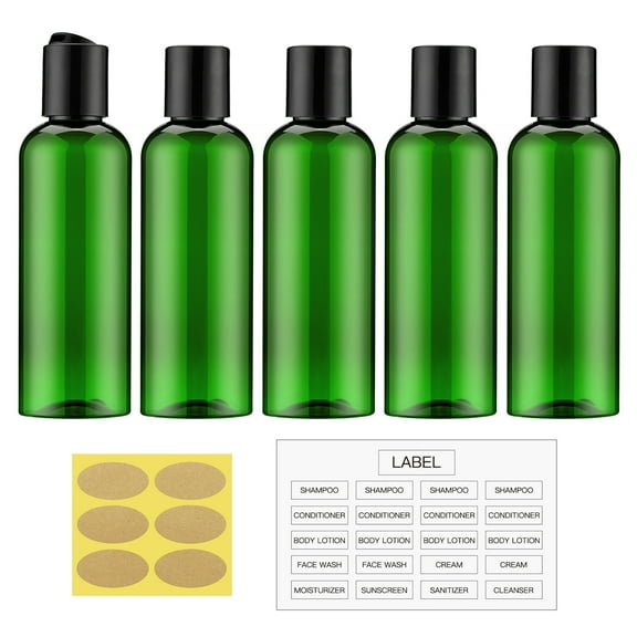 3.4 oz Travel Bottles for Toiletries, Empty Travel Size Containers Tsa Approved, 5PCS Small Plastic Shampoo Bottles with Labels (100ml, Green)