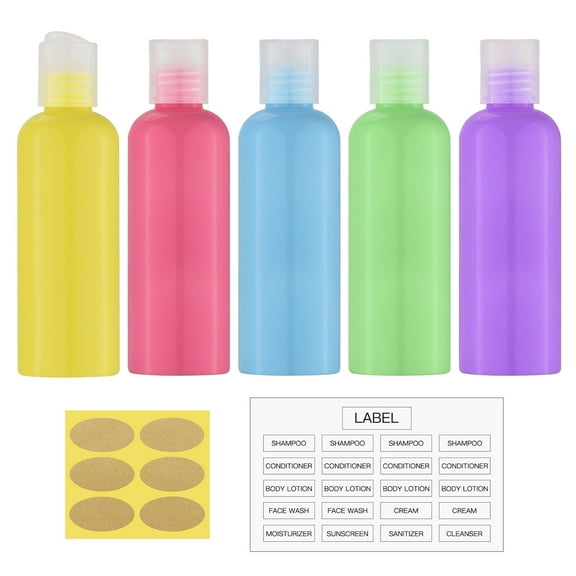 3.4 oz Travel Bottles for Toiletries, Empty Travel Size Containers Tsa Approved, 5PCS Small Plastic Shampoo Bottles with Labels (100ml)