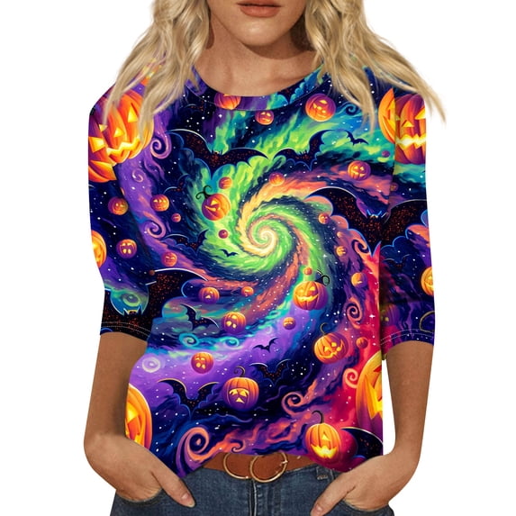 3/4 sleeve halloween tops for women,Women's Halloween Shirts 3/4 Sleeve Crew Neck Shirts Funny Halloween Graphic Outfits Spooky Season Tees Purple M