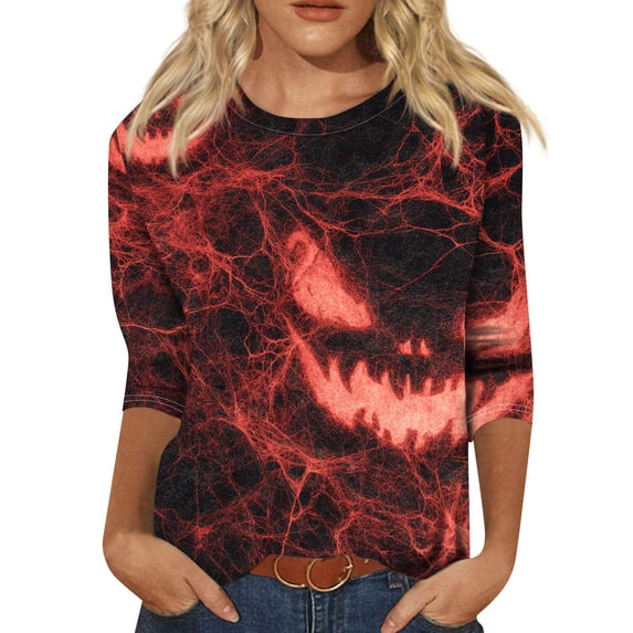 3/4 sleeve halloween tops for women,Women's Halloween Shirts 3/4 Sleeve Crew Neck Shirts Funny Halloween Graphic Outfits Spooky Season Tees Red 2XL