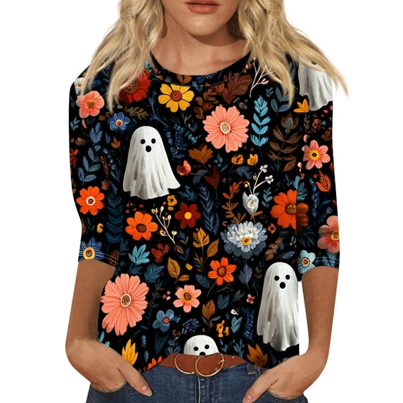 3/4 sleeve halloween tops for women,Women's Halloween Shirts 3/4 Sleeve Crew Neck Shirts Funny Halloween Graphic Outfits Spooky Season Tees Wine 4XL