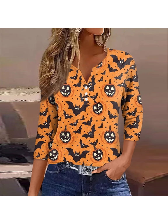 3/4 sleeve halloween tops for women,3/4 Length Sleeve Womens Tops 2026 Halloween Shirts Castle Print Crewneck Causal Trendy Tunic Tops for Women Orange 3XL
