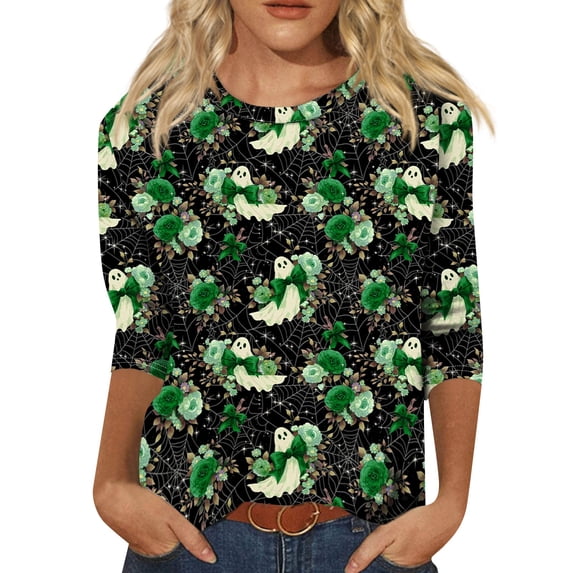 3/4 sleeve halloween tops for women,Women's Halloween Shirts 3/4 Sleeve Crew Neck Shirts Funny Halloween Graphic Outfits Spooky Season Tees Army Green XL