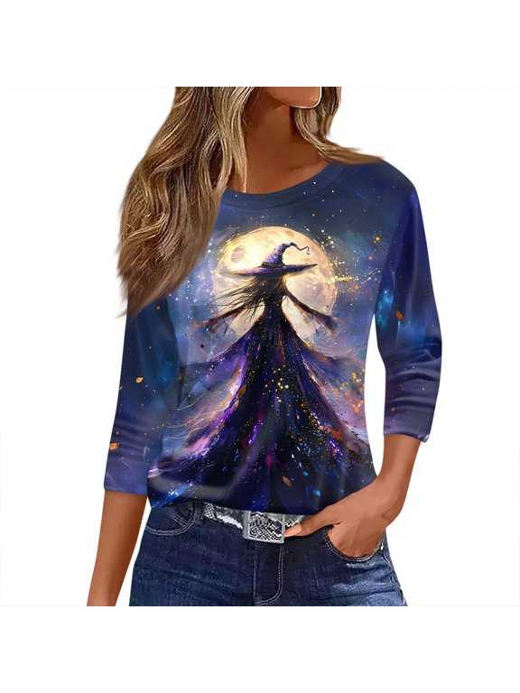 3/4 sleeve halloween tops for women,Womens Fall Halloween 3/4 Sleeve V Neck Shirts Funny Graphic Witch Print Length Sleeve Top Autumn Spooky Season Tees Dark Purple L