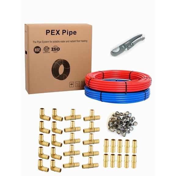 3/4" x 100ft(200ft) PEX Pipe ,30 Pcs 3/4" Brass Fitting, 100 Pcs Clamps ,Cutter