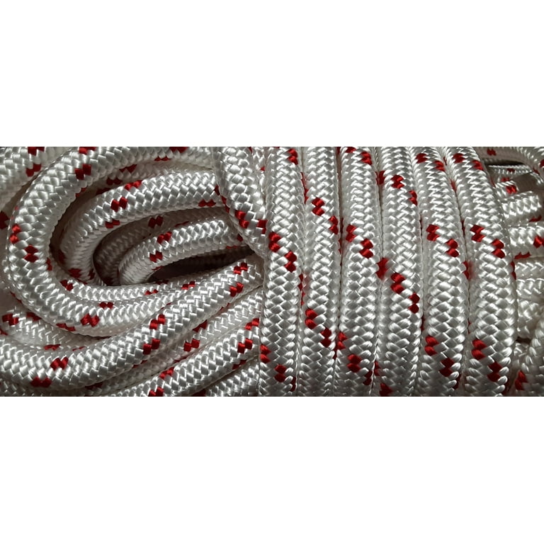 3/4  x 200 ft. Premium Double Braid Polyester Arborist / Industrial Bull  Rope Hank. White & Red. Made in USA