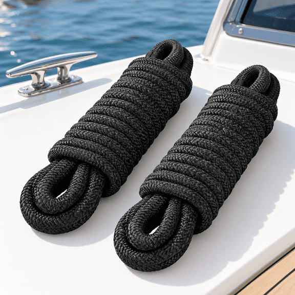 3/4" x 25' (Pack of 2) Black Double Braided Nylon Marine Dock Lines with 15" Loop