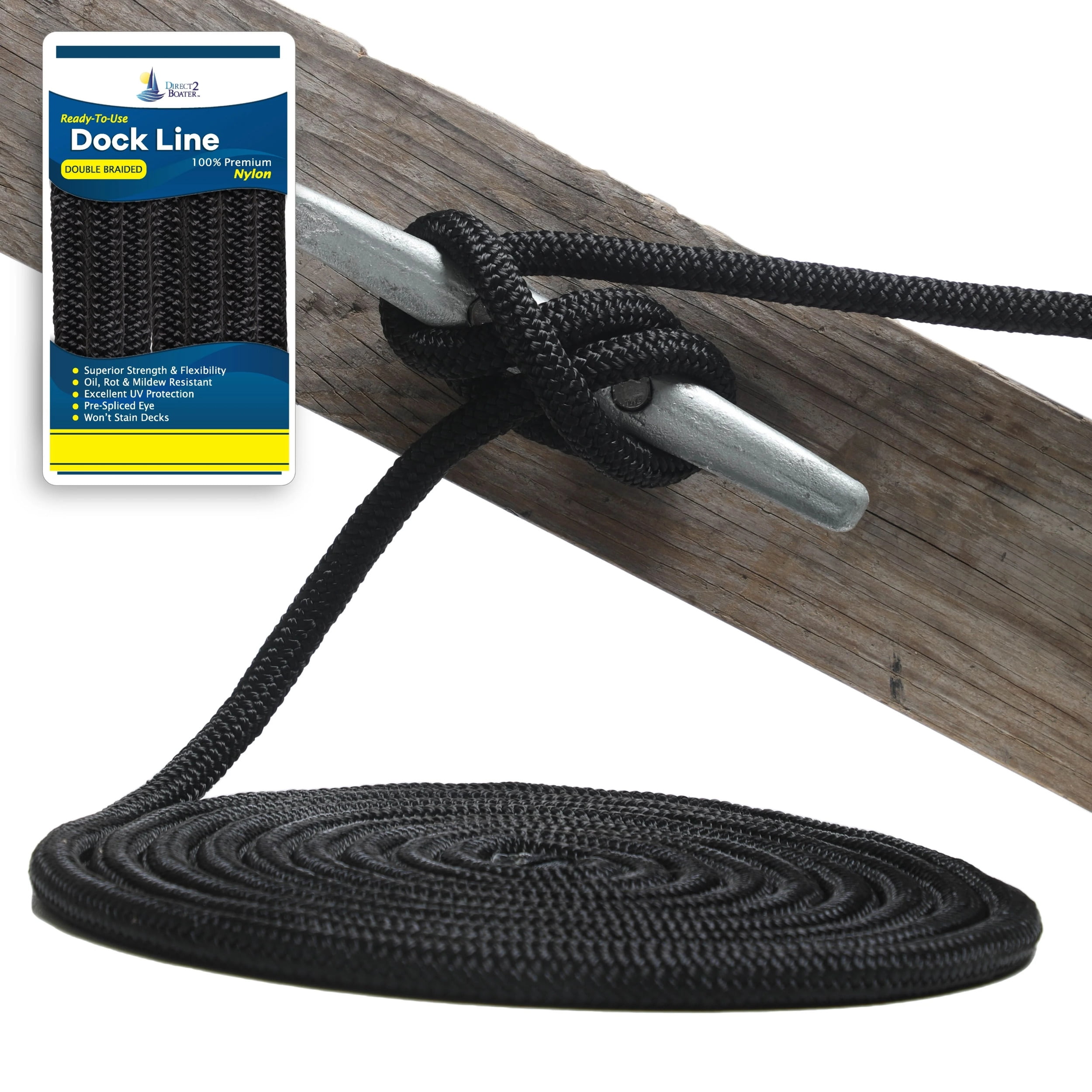 3/4" x 30' Black Durable Double Braided Nylon Dock Line For Boats
