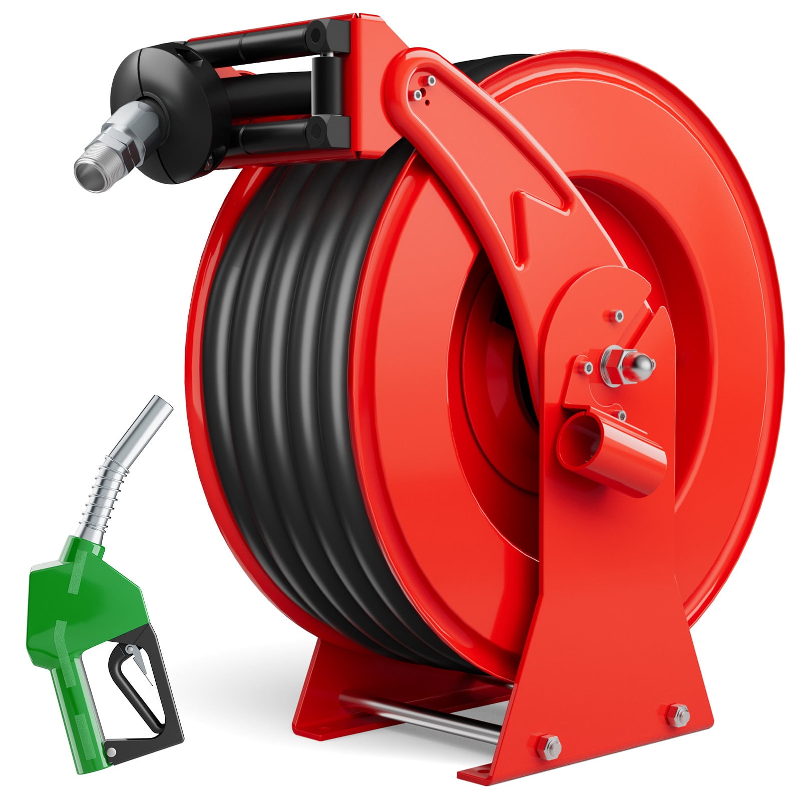 3/4“ x 50ft Diesel Fuel Hose Reel Retractable with Fuel Nozzle, 3/4 Inch Fuel Transfer Pump Hose, Auto Swivel Rewind, Max 300 PSI Tank Hose, Easy Use for Farms Boat Truck Bed Trailer Cart, Red