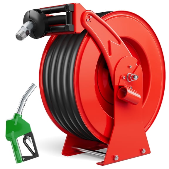 3/4 x 50ft Diesel Fuel Hose Reel Retractable with Fuel Nozzle, 3/4 Inch Fuel Transfer Pump Hose, Auto Swivel Rewind, Max 300 PSI Tank Hose, Easy Use for Farms Boat Truck Bed Trailer Cart, Red