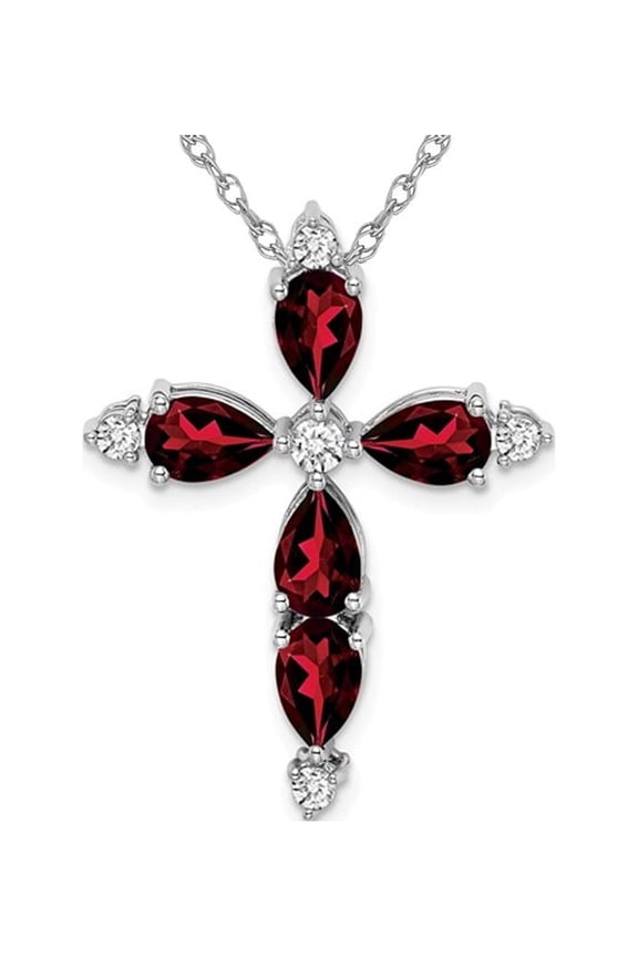 3.40 Carat (Ctw) Garnet Cross Pendant Necklace with Accent Diamonds in 14K White Gold with Chain for Women