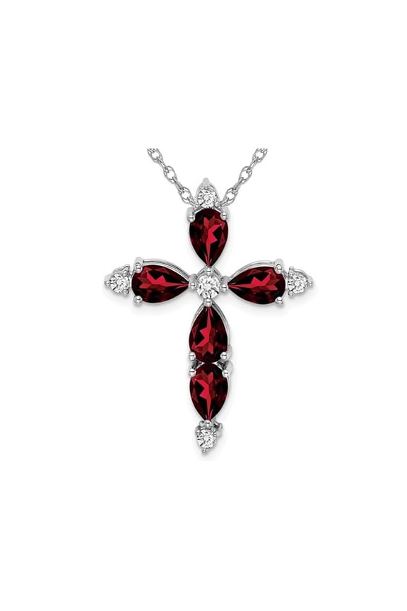 3.40 Carat (Ctw) Garnet Cross Pendant Necklace with Accent Diamonds in 14K White Gold with Chain