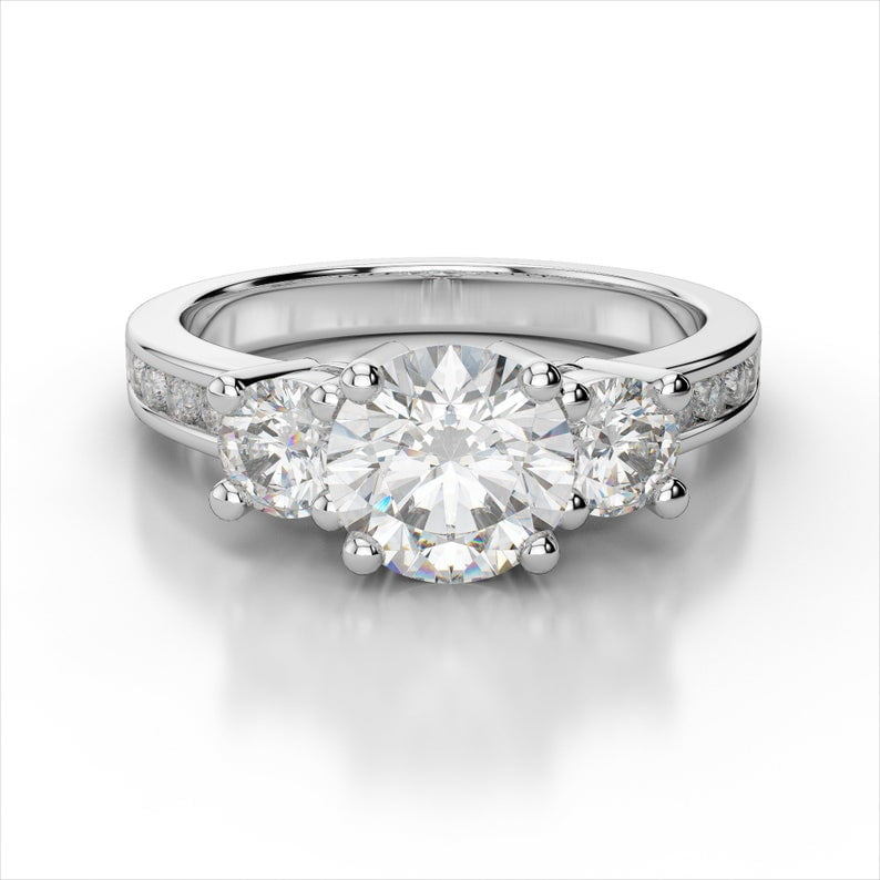 Bague 3 Pierres Saphir Bleu & Moissanite Blanche - Platine 950 - Taille 7 - Sur Mesure Possible