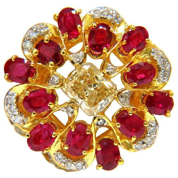 3.44CT NATURAL FANCY YELLOW BROWN DIAMOND RUBY COCKTAIL CLUSTER RING