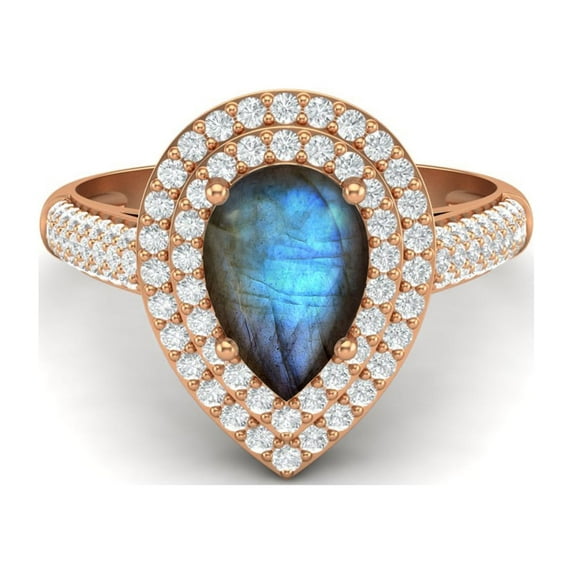 3.46 Ctw Labradorite Gemstone 925 Sterling Silver Rose Vermeil Pear Shape Halo Mother's Day Gift Ring