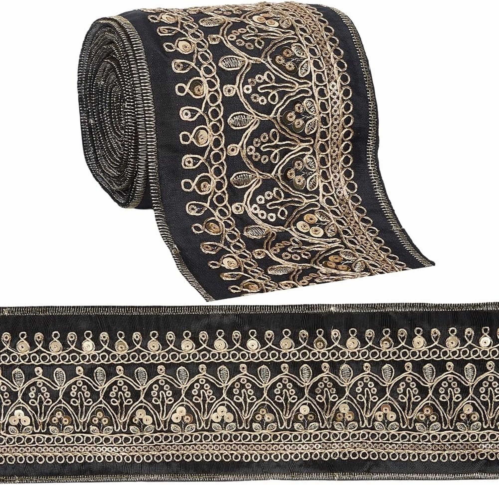 3.46 Inch Wide Black Floral Embroidered Ribbon Gold Sequin Bead ...