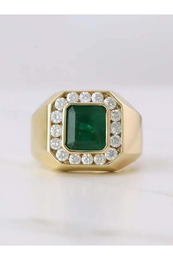 3.48 Cts Natural Emerald And Diamond Men's Ring 14k Yellow Gold