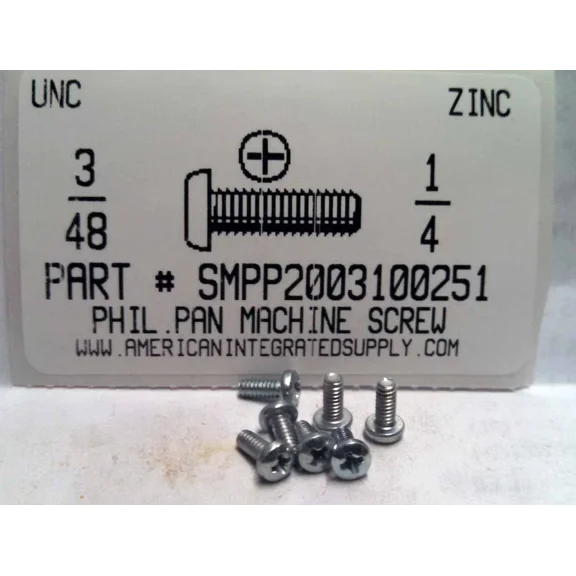 #3-48X1/4 Pan Head Phillips Machine Screws Steel Zinc Plated (50)