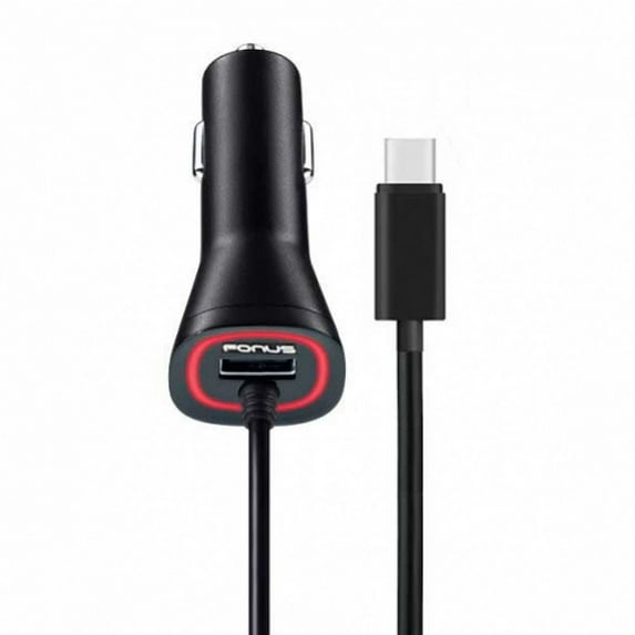 3.4A Car Charger for Samsung Galaxy A51/A50/A20/A10e/A01 - Type-C Power Adapter DC Socket Extra USB Port Coiled Cable