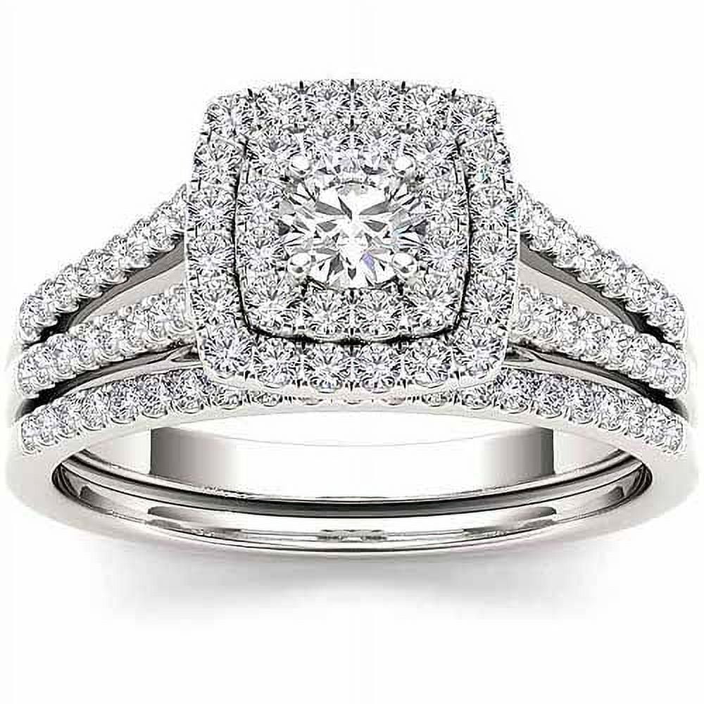 3/4Ct Diamond 10k White Gold Double Halo Engagement Ring Set