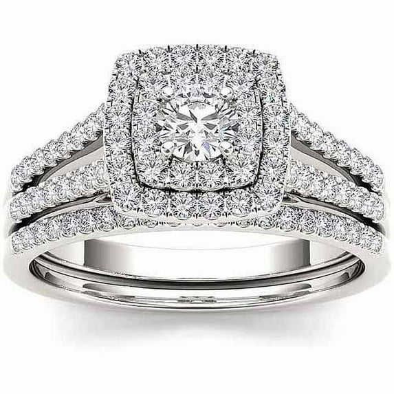 3/4Ct Diamond 10k White Gold Double Halo Engagement Ring Set