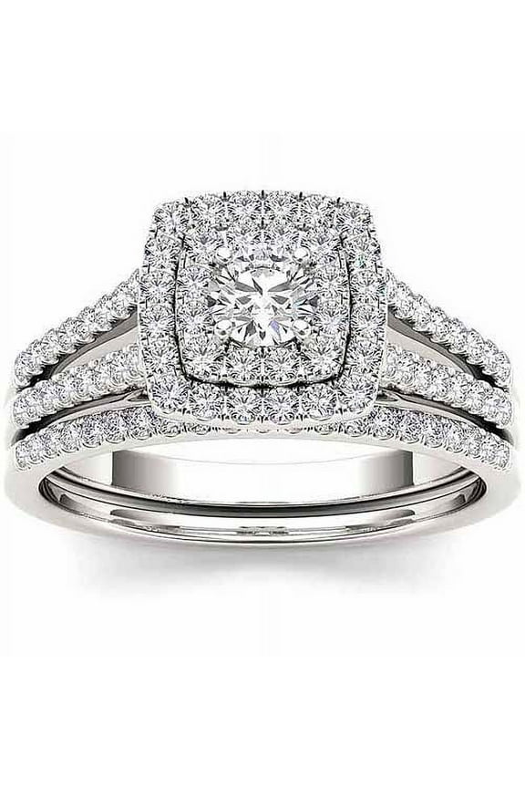 3/4Ct Diamond 10k White Gold Double Halo Engagement Ring Set