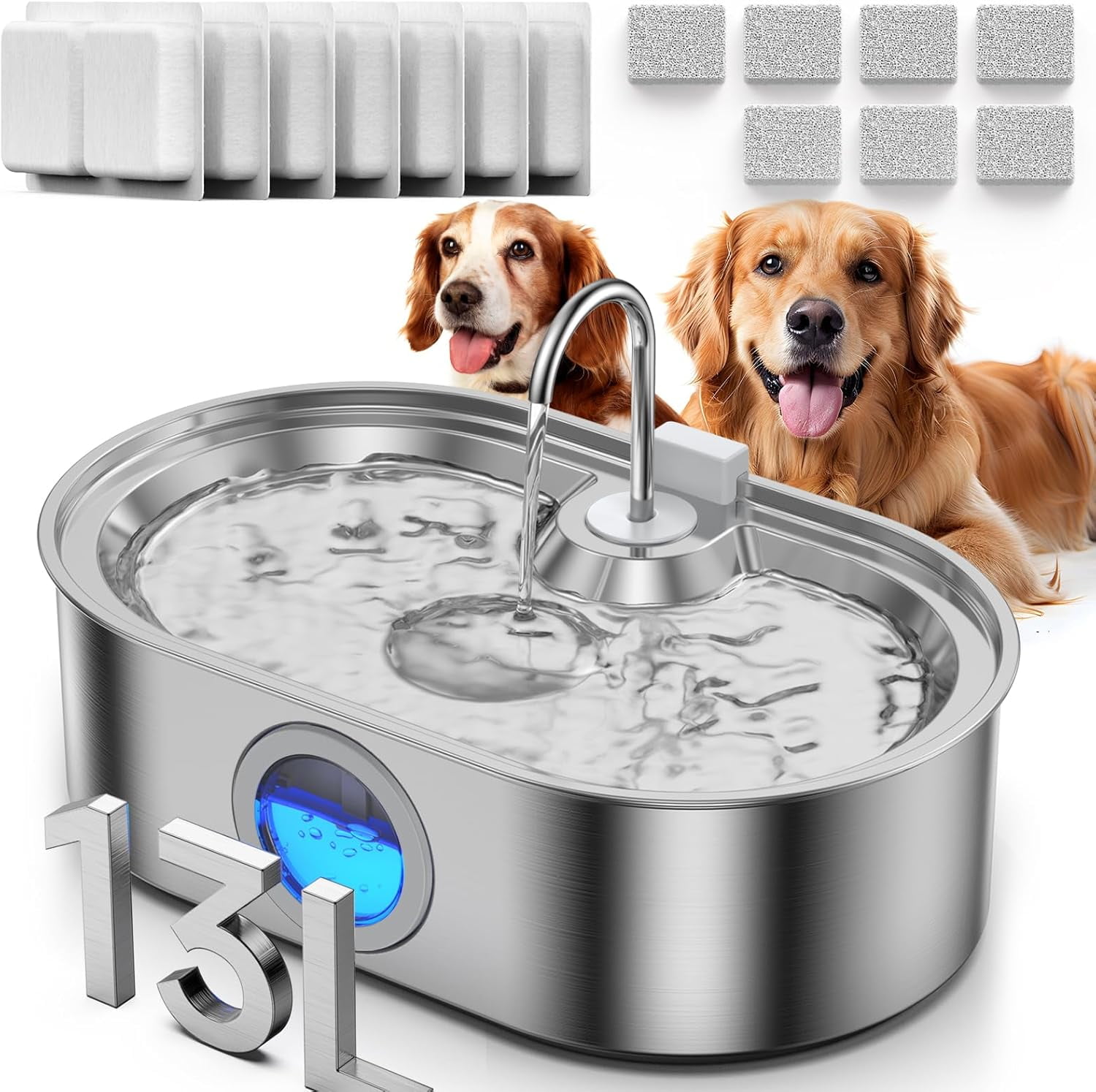 Large Dog Water Fountain, 13L Stainless Steel Automatic Pet Water Dispenser with Deeper Drinking Area and Water Window