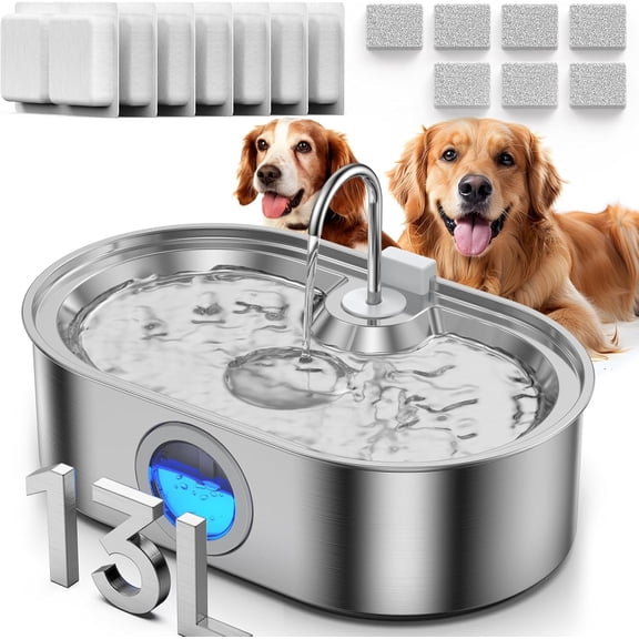 Large Dog Water Fountain, 13L Stainless Steel Automatic Pet Water Dispenser with Deeper Drinking Area and Water Window