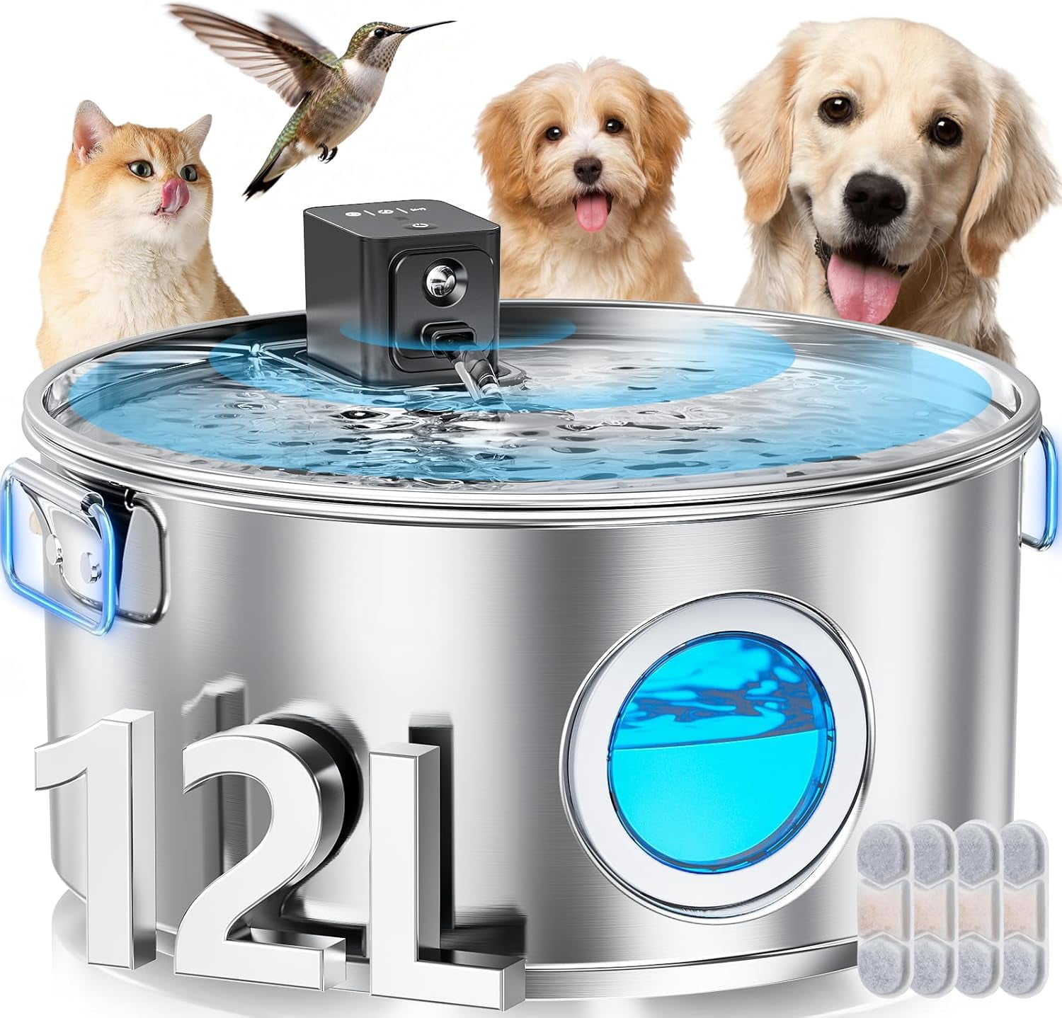 3.4Gal Wireless Automatic Dog Water Fountain, 12L Stainless Steel Pet Water Bowl Dispenser with 3 Modes, Ultra Quiet Multi-Filtration System for Large Dogs