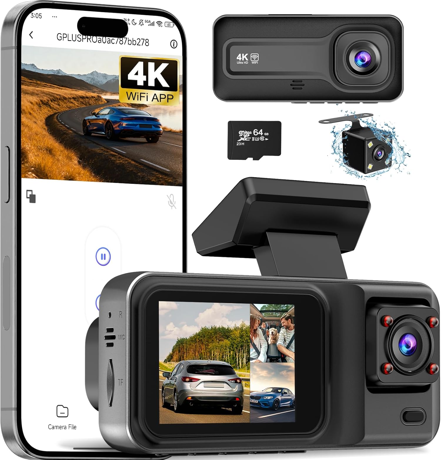 Vision Loop Usb 3 4K Dash Cam with 5GHz WiFi & APP Control, 4K+1080P+1440P Dash Cam ...