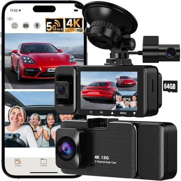 3 4K Dash Cam, Dash Cam Front and Rear Inside 170?/150?/150? Wide Angle View, Dash Camera for with 64GB Card Included, Loop Recording, Night Vision, G-Sensor, 5GHz WiFi, 24Hr Parking