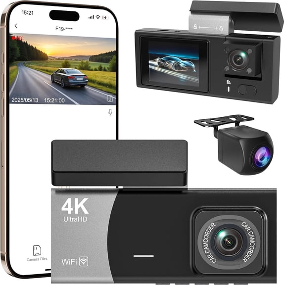3  4K WiFi  Cam, 4K+1080P+1080P Front Inside and Rear, Triple  Camera with 32GB Card, APP Control, G-Sensor, 24 Hours Parking Mode, Loop Recording, Night Vision