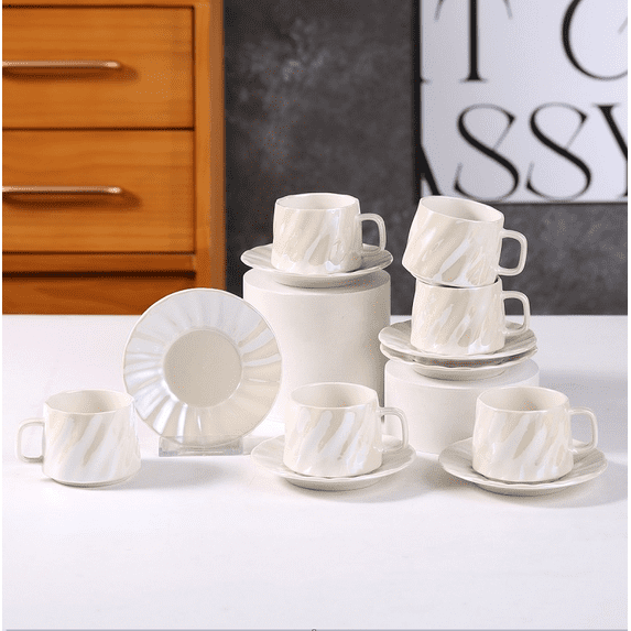 3.4OZ Coffee Cups and Saucers 6-Piece Set, 100ml Espresso Cup Ceramic Tableware Set, Suitable for Coffee and Tea Serving in Restaurants and Home Use, Beige