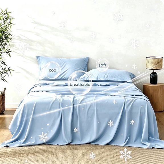 3/4Pcs Sheet Set for Night Sweats, Light Blue Twin, Ultra-Soft Breathable Bedding Set with Sturdy Elastic