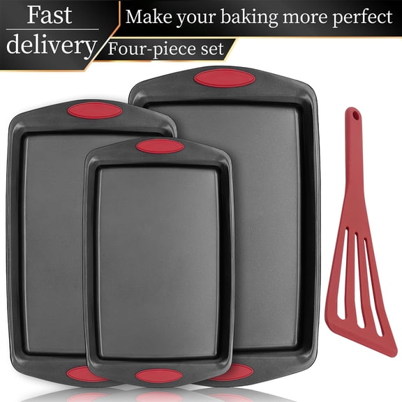 3-4Pcs Non-Stick Steel Baking Pan Set - Commercial Grade Red Silicone Handles Oven Safe Black Bakeware