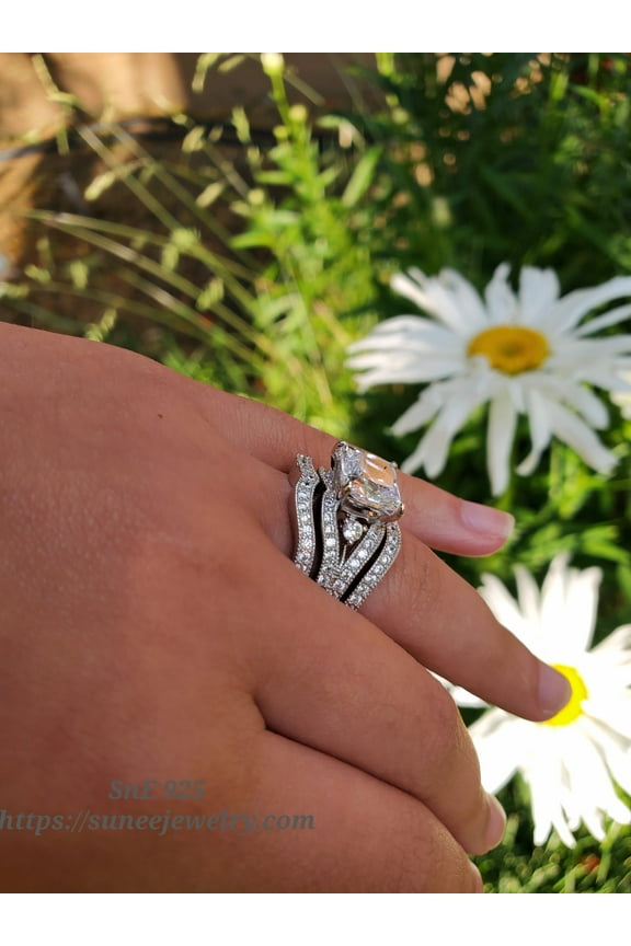 3.4ct Princess Cut 3pcs Bridal Wedding Engagement Ring Diamond Simulated Sterling Silver Anniversary Rings SKU:00139