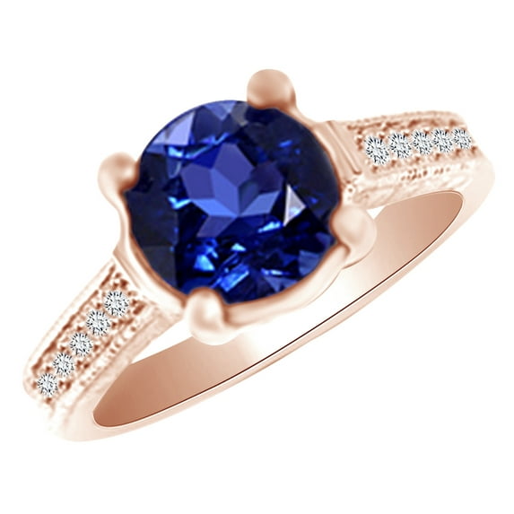 AFFY (3.4ct) Simulated Blue Tanzanite & White Diamond Antique Style Engagement Ring In 14k Solid Gold With Ring Size 5