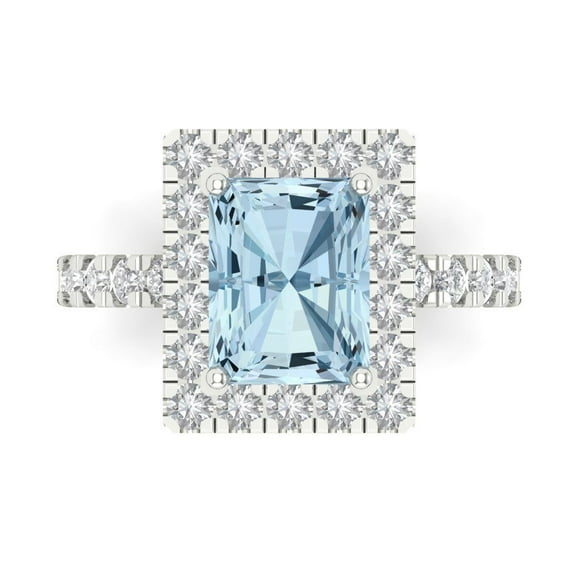 Clara Pucci 14K White Gold Solid Gold Blue Halo Anniversary Ring for Women - 3.84 cttw Emerald Cut