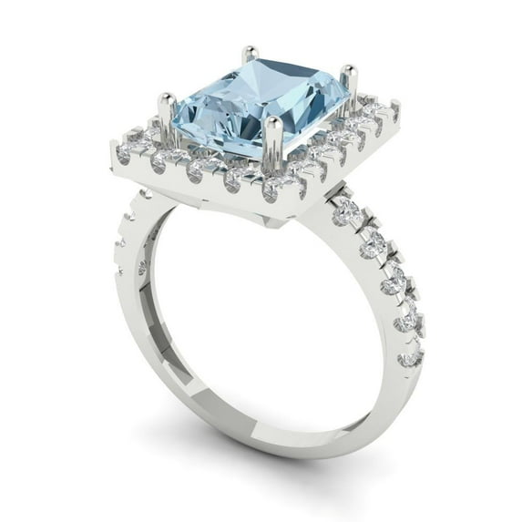 3.4ct emerald cut blue Zircon 18k white gold halo Bridal Wedding Engagement Promise Anniversary Ring for Women size 4.25