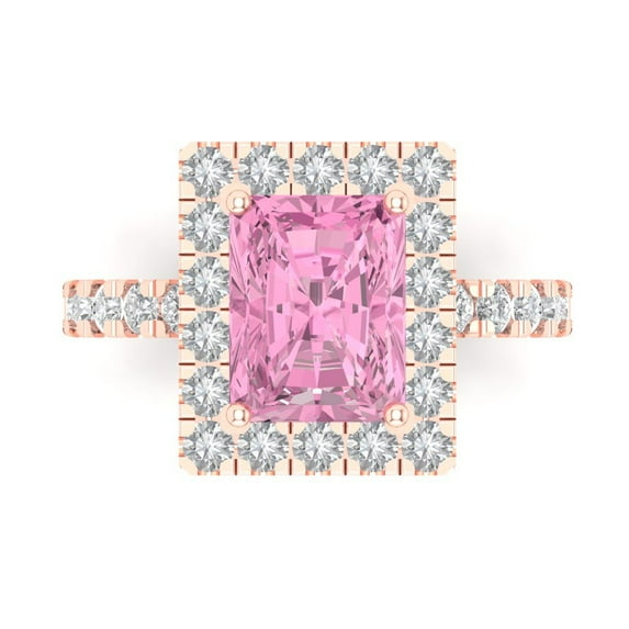 Clara Pucci 14K Rose Gold Solid Gold Pink Solitaire with Accents Anniversary Ring for Women - 3.84 cttw Emerald Cut