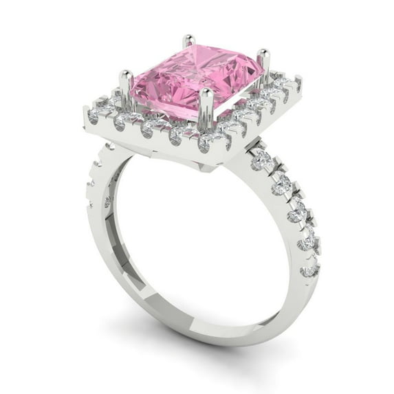 3.4ct emerald cut pink Zircon 14k white gold halo Bridal Wedding Engagement Promise Anniversary Ring for Women size 9.75