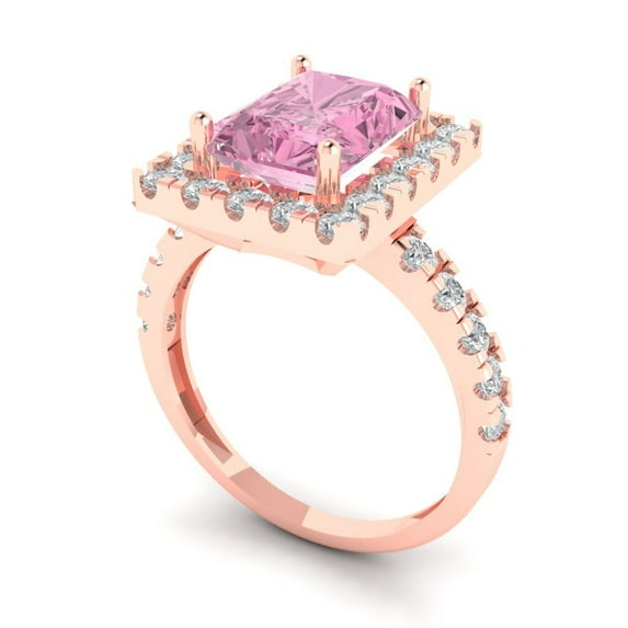3.4ct emerald cut pink Zircon 18k rose gold halo Bridal Wedding Engagement Promise Anniversary Ring for Women size 8.5